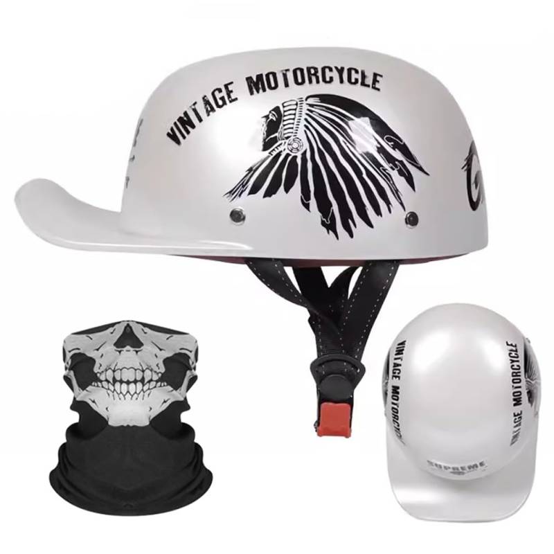 Motorrad Halbhelm Halbschalenhelm Baseballmütze-Helm Mit Gesichtsschutz ECE-Zulassung Motorradhelm Baseball Cap Retro VerläNgerte Krempe Schnellverschluss S-XL 55-62CM von HHSDB