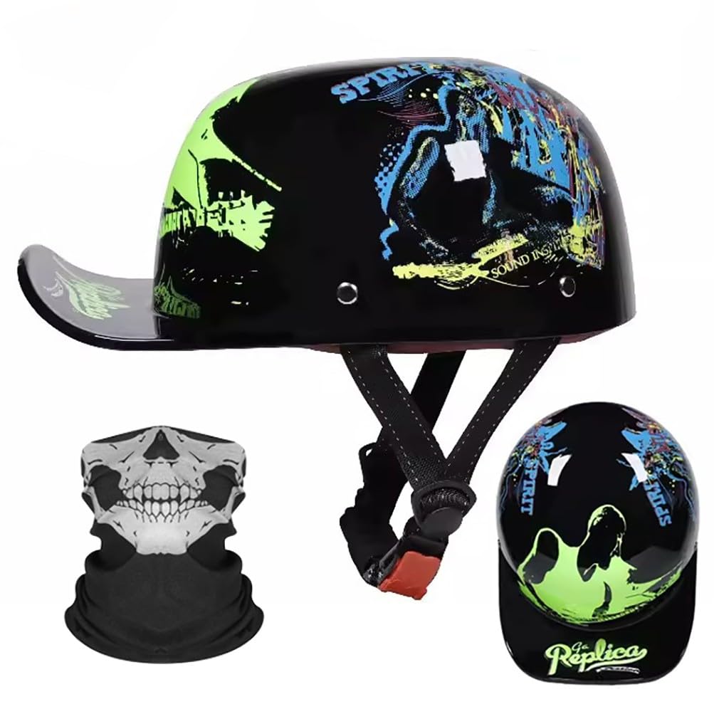 Motorrad Halbhelm Halbschalenhelm Baseballmütze-Helm Mit Gesichtsschutz ECE-Zulassung Motorradhelm Baseball Cap Retro VerläNgerte Krempe Schnellverschluss S-XL 55-62CM von HHSDB