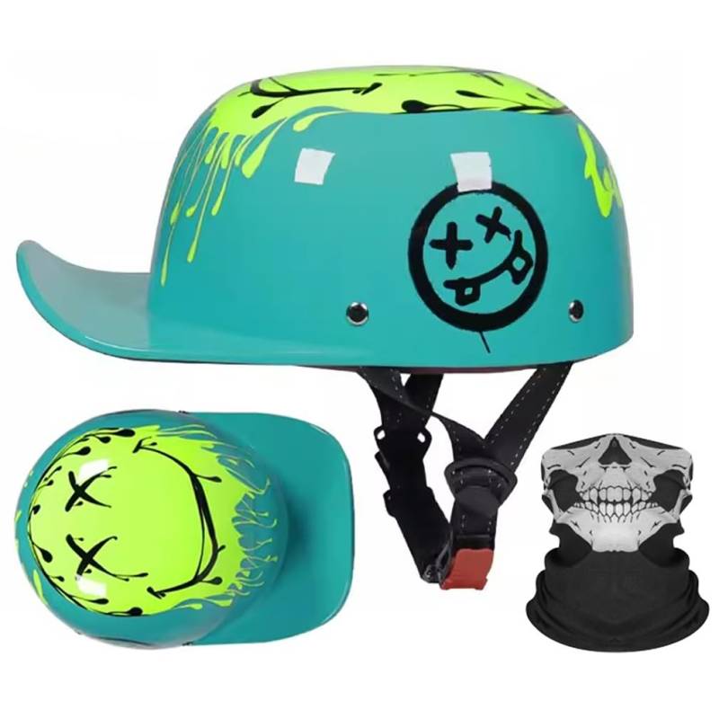 Motorrad Halbhelm Halbschalenhelm Baseballmütze-Helm Mit Gesichtsschutz ECE-Zulassung Motorradhelm Baseball Cap Retro VerläNgerte Krempe Schnellverschluss S-XL 55-62CM von HHSDB