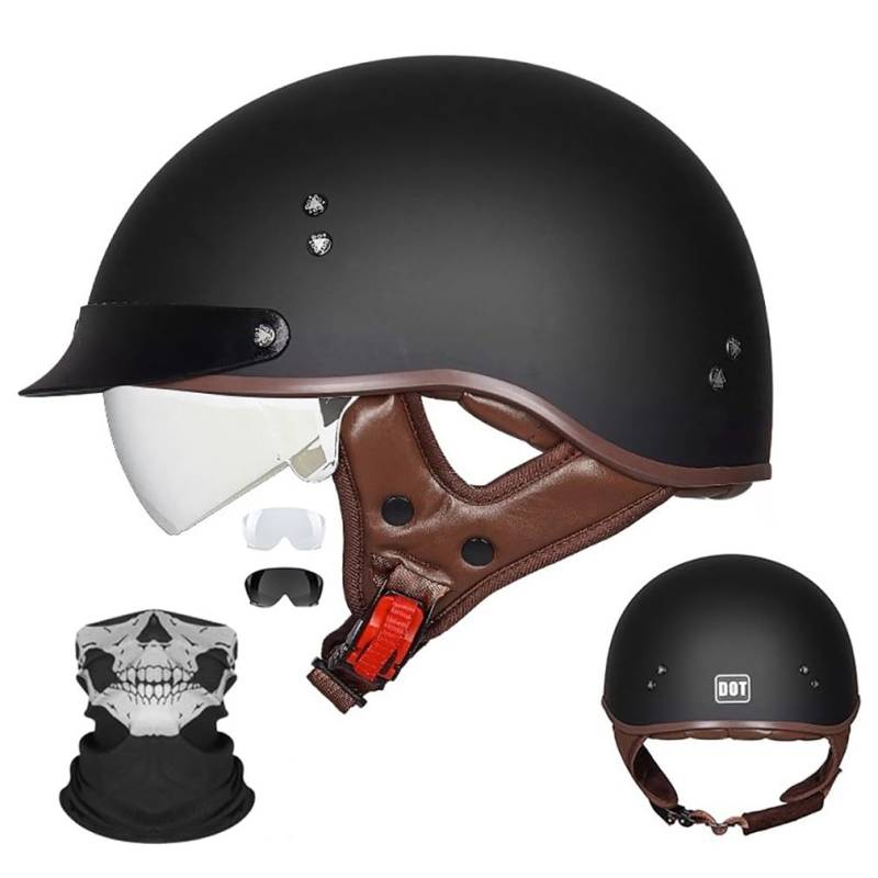 Motorrad Halbhelm Halbschalenhelm Mit Gesichtsschutz ECE-Zulassung Motorradhelm Brain Cap Einziehbaren InnengläSern Schnellverschluss Abnehmbares Waschbares Futter M-2XL 57-64CM von HHSDB