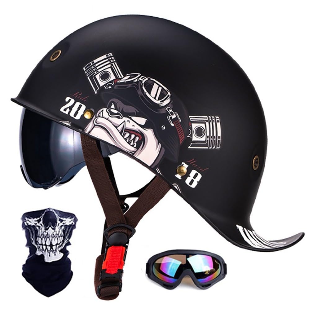 Motorrad Halbhelm Halbschalenhelm Mit Maske Und Brille Geliefert ECE-Zulassung Motorradhelm Mit Schrumpfbare Innengläser LüFtungsloch Schnellverschluss M-XL 57-62CM von HHSDB