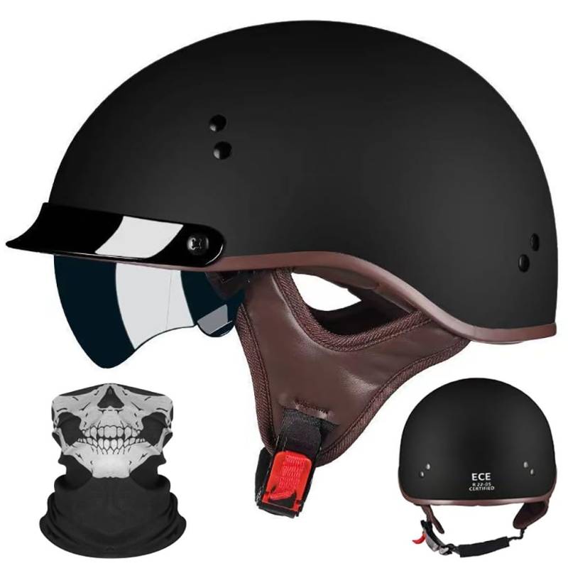 Retro Motorrad Halbhelm Halbschalenhelm Mit Gesichtsschutz ECE-Zulassung Motorradhelm Brain Cap Abnehmbares Futter Einziehbaren InnengläSern Schnellverschluss M-2XL 57-64CM von HHSDB