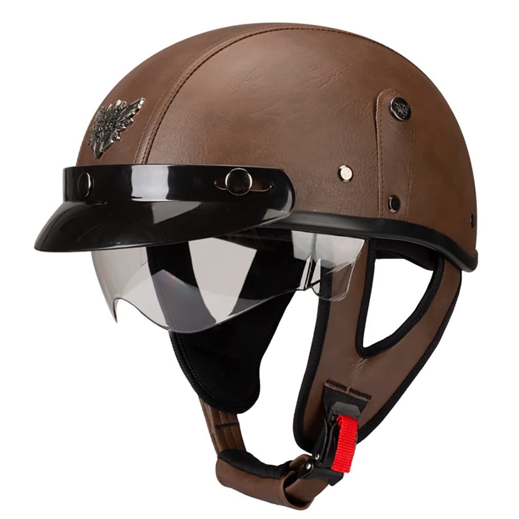 Retro Motorradhelm Leder Halbhelme Halbschalenhelm Jethelm ECE/DOT Zertifiziert Open Face Helm Rollerhelm Mopedhelm Cruiser Chopper Helm Anti-Collision Helmet Scooter-Helm (XL =（61〜62CM）, E) von HHSDB