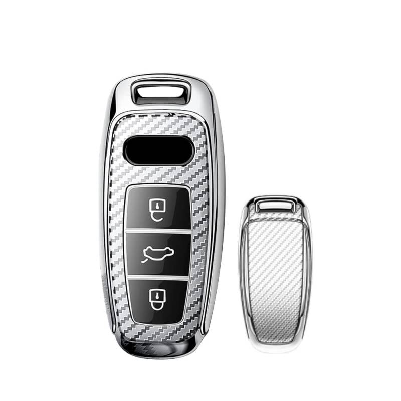 HIBEYO Autoschlüssel Hülle Geeignet für Audi,Schlüsselhülle Cover für Audi 2019 2020 2021 A6 A6L A7 E-Tron A8 Q8 Smart Keyless Entry 3 Tasten Autoschlüssel Schlüsselbox(Silber-Carbon) von HIBEYO