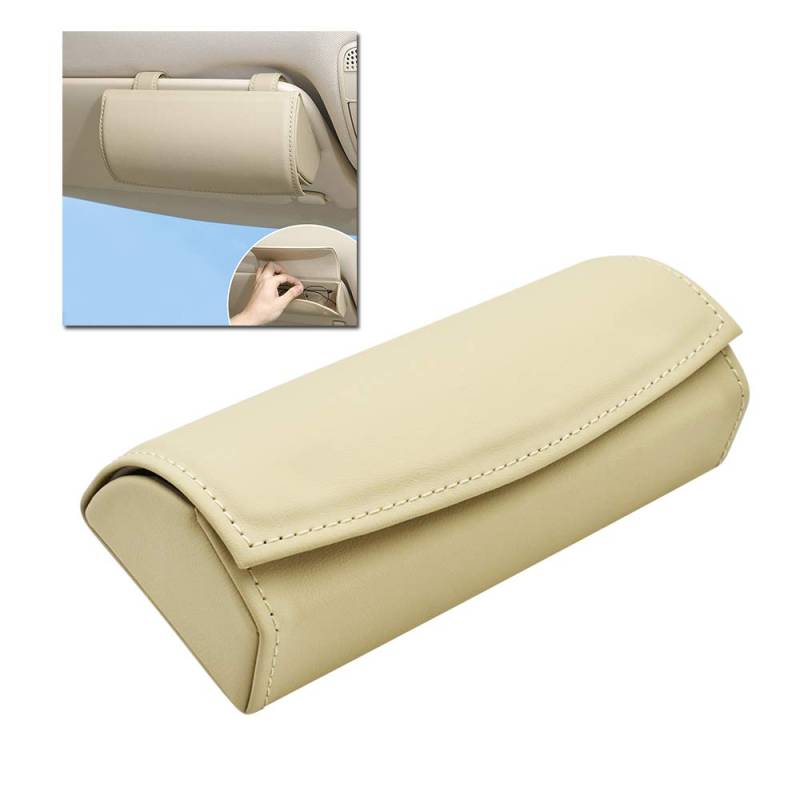 HIBEYO Brillenhalter für Auto Sonnenblende Universal Auto Sonnenbrille Brillenetui Halter Hülle Brillen Aufbewahrungsbox Organizer mit Magnetischem Funktion Autodekoration Zubehör PU Leder(Beige) von HIBEYO