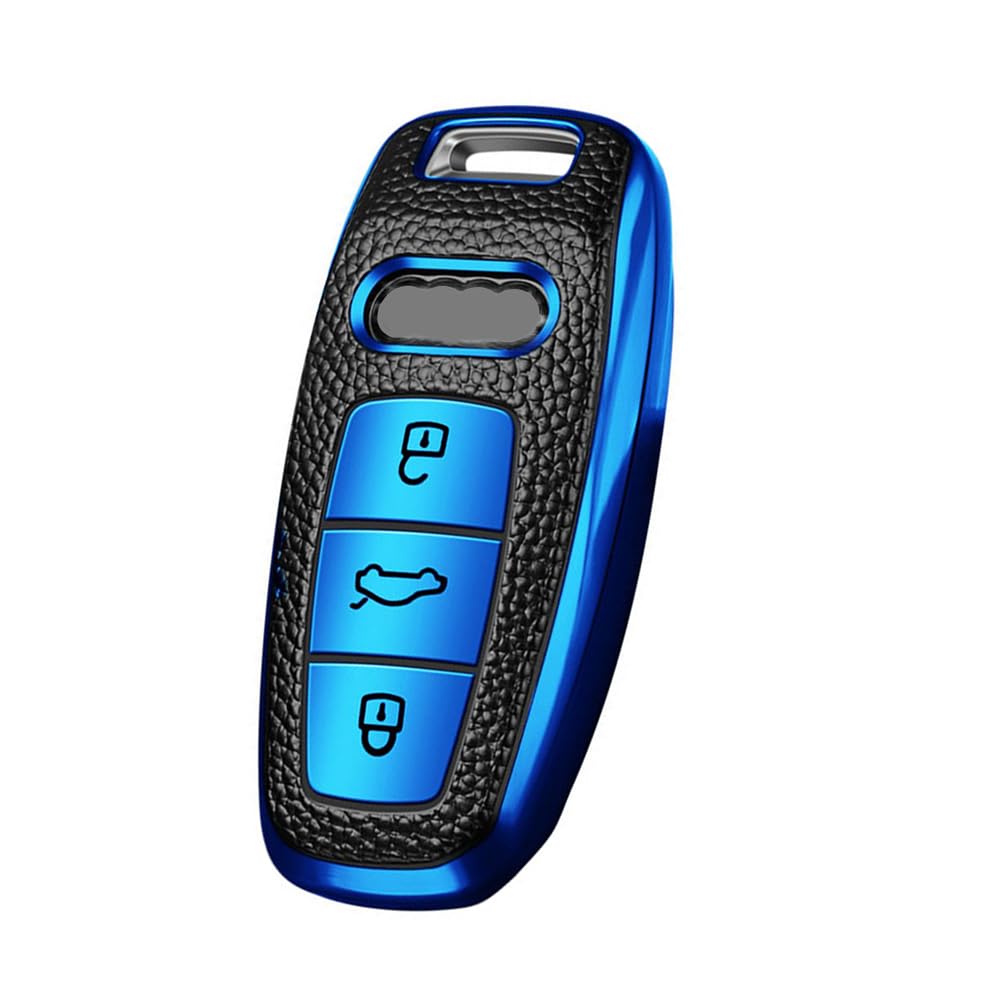 HIBEYO Schlüsselhülle Geeignet für Audi,Autoschlüssel Hülle für Audi 2019 2020 2021 A6 A6L A7 E-Tron A8 Q8 TPU Silicone Leather Texture Schutzhülle Smart Keyless Entry 3 Tasten (Blau-Leder) von HIBEYO