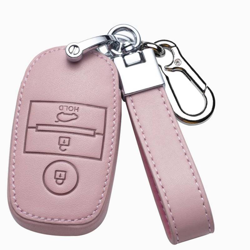 HIBEYO Smart Autoschlüssel Hülle Schutzhülle Schlüsselhülle Cover Rindsleder passt für KIA K4 Rio Pro Sportage Sorento Optima Schlüsselbox Schlüsselanhänger Autodekoration 3 Tasten-B Rosa von HIBEYO