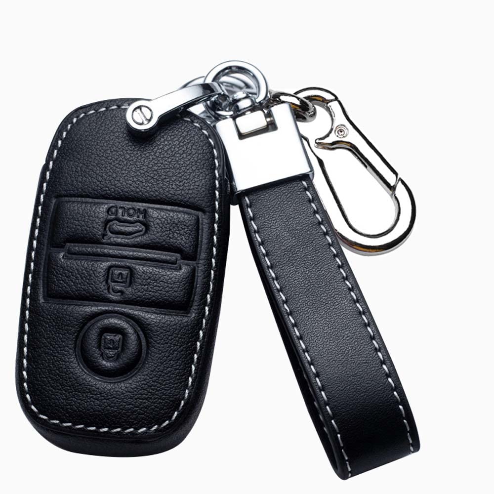 HIBEYO Smart Autoschlüssel Hülle Schutzhülle Schlüsselhülle Cover Rindsleder passt für KIA K4 Rio Pro Sportage Sorento Optima Schlüsselbox Schlüsselanhänger Autodekoration 3 Tasten-B Schwarz von HIBEYO