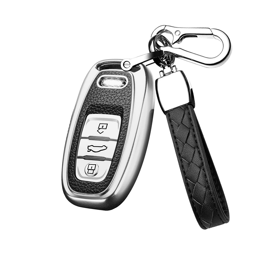 HIBEYO Smart Autoschlüssel Hülle passt für Audi PKW Schlüsselhülle für Kein Zündschloss Keyless Autos A4 A5 A6 A7 Q5 Q7 Q8 S5 S6 RS SQ Schlüsselbox Fernbedienung TPU Leder Texture Schutzhülle-Silber von HIBEYO