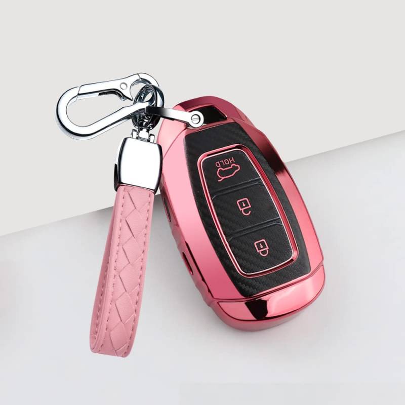 HIBEYO Smart Autoschlüssel Hülle passt für Hyundai Schlüssel TPU Kohlefaser Abdeckung Schlüsselhülle Cover für Hyundai Kona i10 i30 ioniq Tucson Verna Azera Schlüsselbund Fernbedienung Fall-Rosa von HIBEYO