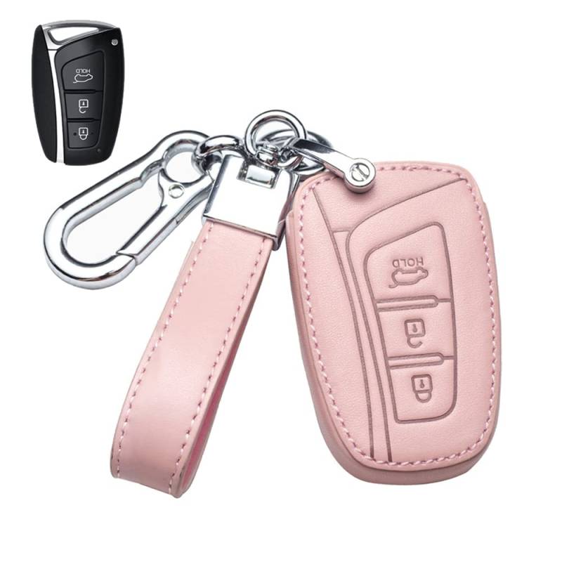 HIBEYO Smart Autoschlüssel Hülle passt für Hyundai Schutzhülle Schlüsselhülle Rindsleder Cover für Hyundai Genesis Santa Fe Equus Tucson Grand Centennial mit Schlüsselbund 3-Tasten zubehör-Rosa C von HIBEYO