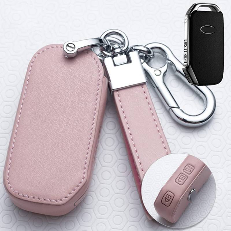 HIBEYO Smart Autoschlüssel Hülle passt für KIA Schutzhülle Schlüsselhülle Cover Rindsleder für KIA Ceed Cerato Soul Optima Telluride Forte Funkschlüssel Fall Schlüsselbund Seitliche Tasten-C Rosa von HIBEYO