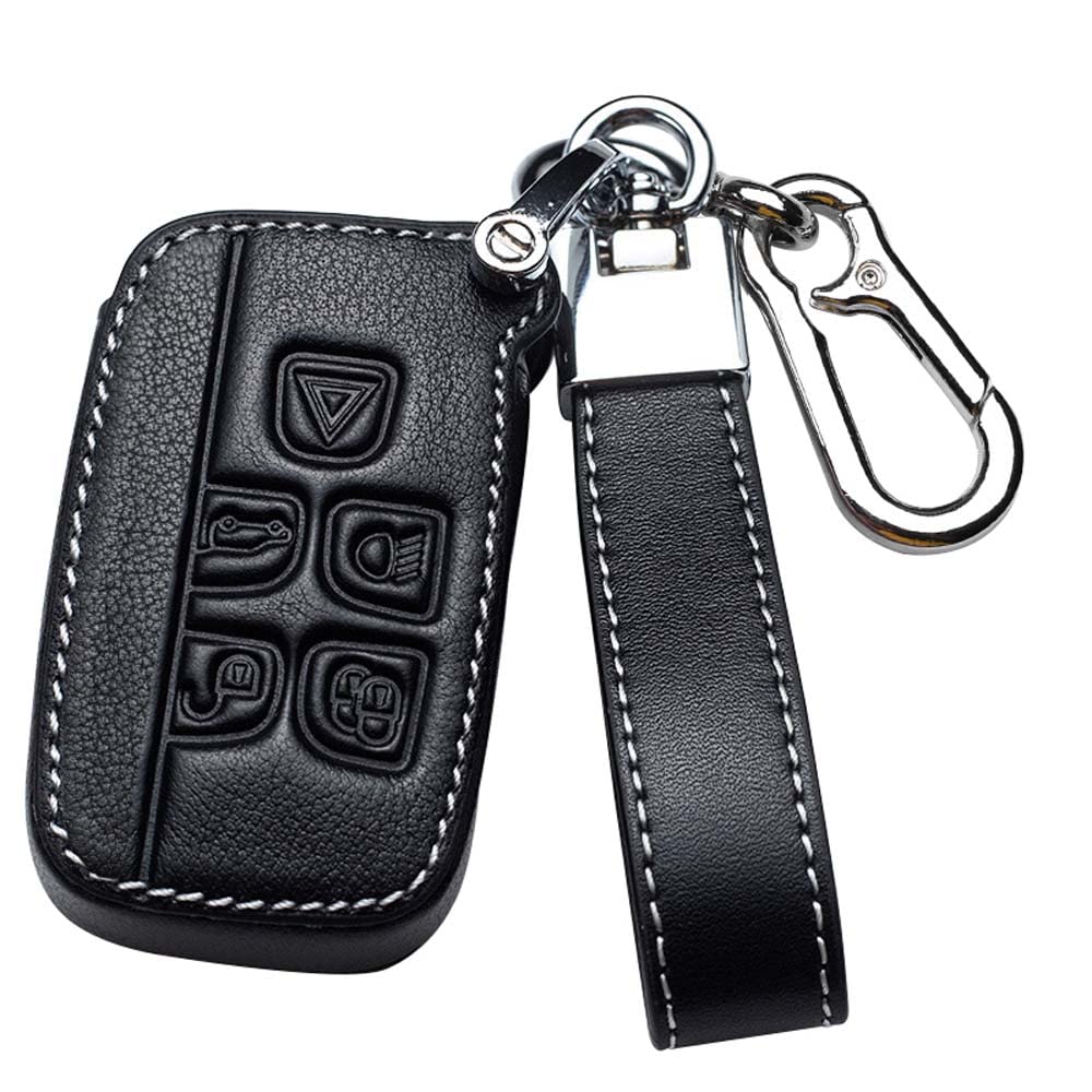 HIBEYO Smart Autoschlüssel Hülle passt für Land Rover Schutzhülle Schlüsselhülle Cover Rindsleder für LR4 Range Rover Sport Evoque Vogue Jaguar XF XJL Schlüsselbox Schlüsselbund 5Tasten-A Schwarz von HIBEYO