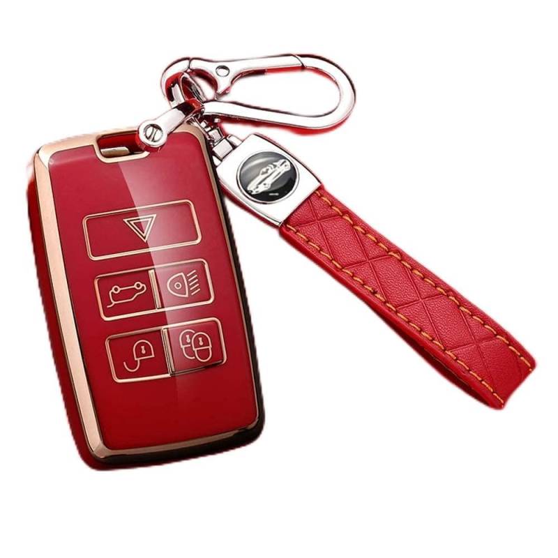 HIBEYO Smart Autoschlüssel Hülle passt für Land Rover Schutzhülle Schlüsselhülle Cover TPU für Jaguar XE XF XJ Range Rover Sport Evoque Velar Smartkey Schlüsselbund Fernschlüssel 5 Tasten(B Rot) von HIBEYO