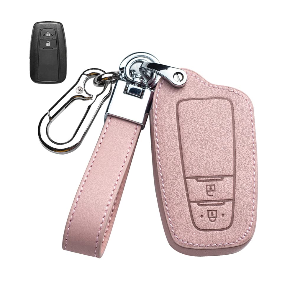 HIBEYO Smart Autoschlüssel Hülle passt für Toyota Schutzhülle Schlüsselhülle Etui Rindsleder Cover Schlüsselbund passt für Toyota Camry Corolla Avalon Prius C-HR RAV4 Fernbedienung zubehör-Rosa C von HIBEYO