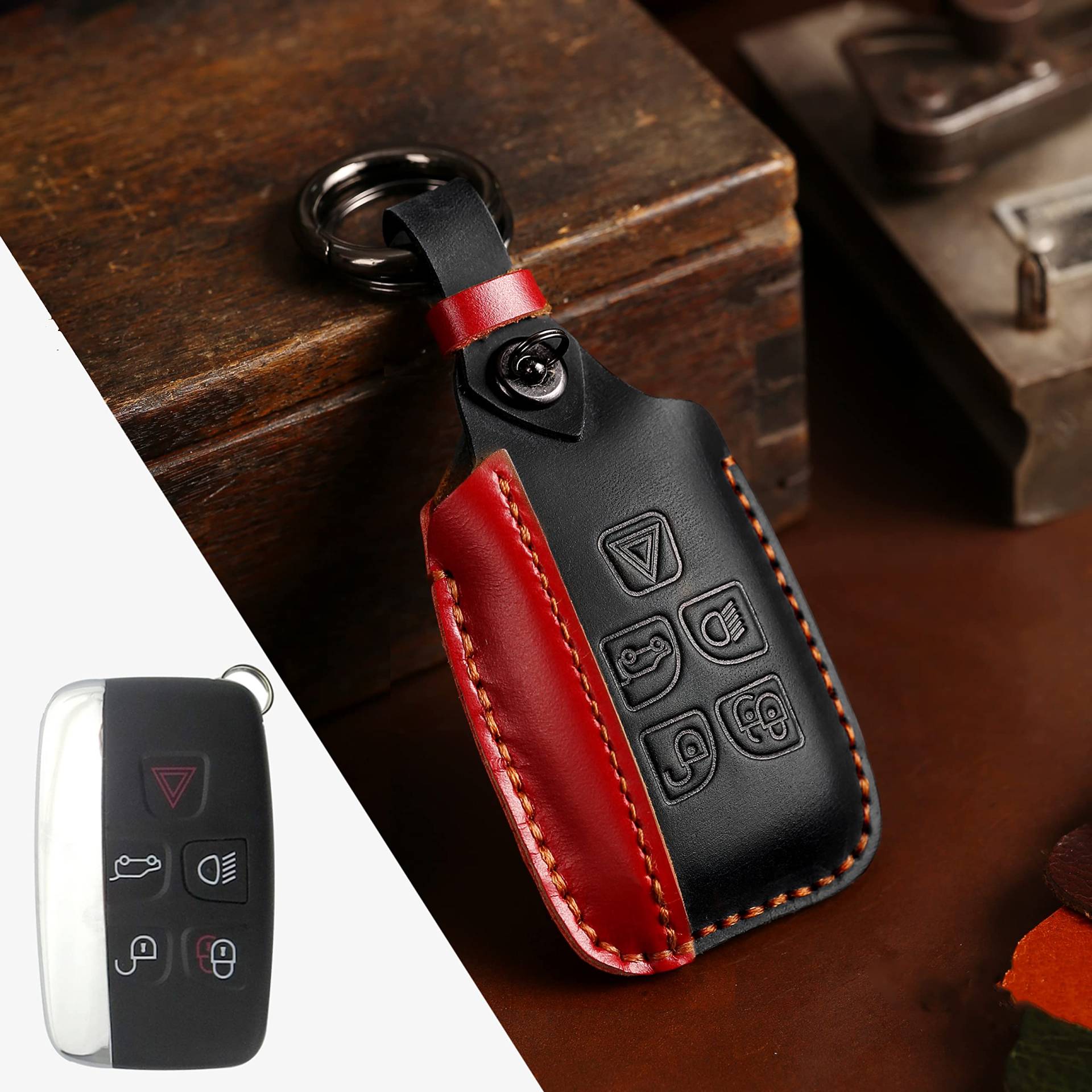 HIBEYO Smartkey Autoschlüssel Hülle Passt für Land Rover Leder Schutzhülle Schlüssel Hülle für Discovery4 Freelander2 Range Rover Sport Evoque für Jaguar XE XF XJ F-PACE mit Schlüsselbund-Schwarz von HIBEYO