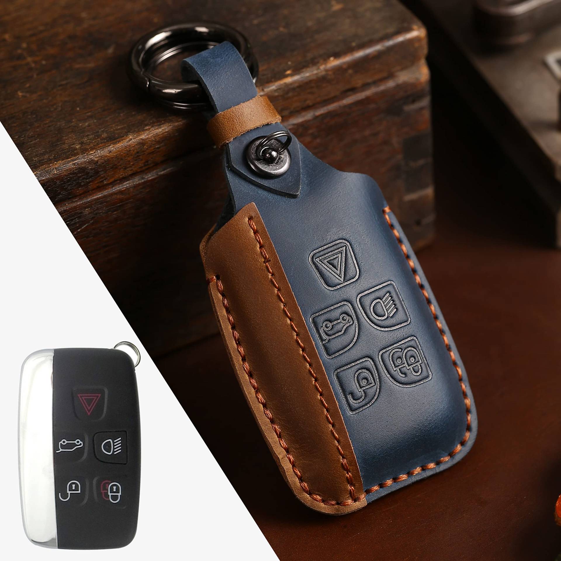 HIBEYO Smartkey Autoschlüssel Hülle Passt für Land Rover Leder Schutzhülle Schlüssel Hülle für Discovery4 Freelander2 Range Rover Sport Evoque für Jaguar XE XF XJ F-PACE mit Schlüsselbund-Blau von HIBEYO