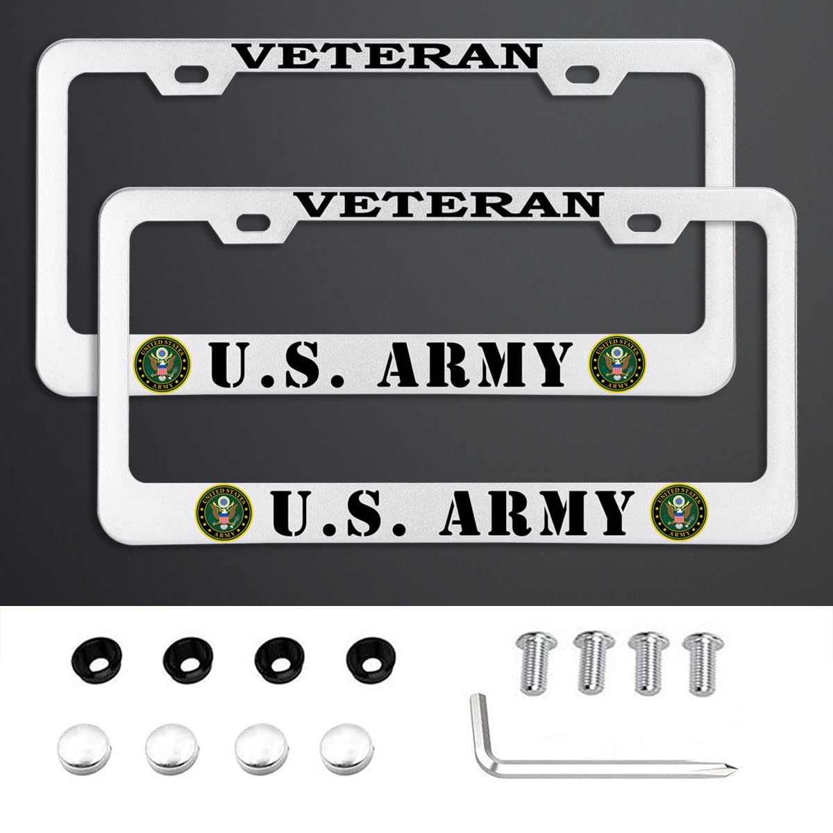 Nummernschild-Rahmen für Veteranen der US-Armee, 2 Löcher, Aluminium, silberfarben, für die US-Armee, im Ruhestand, mit Schraubkappen, 2 Stück von HIBUFAN