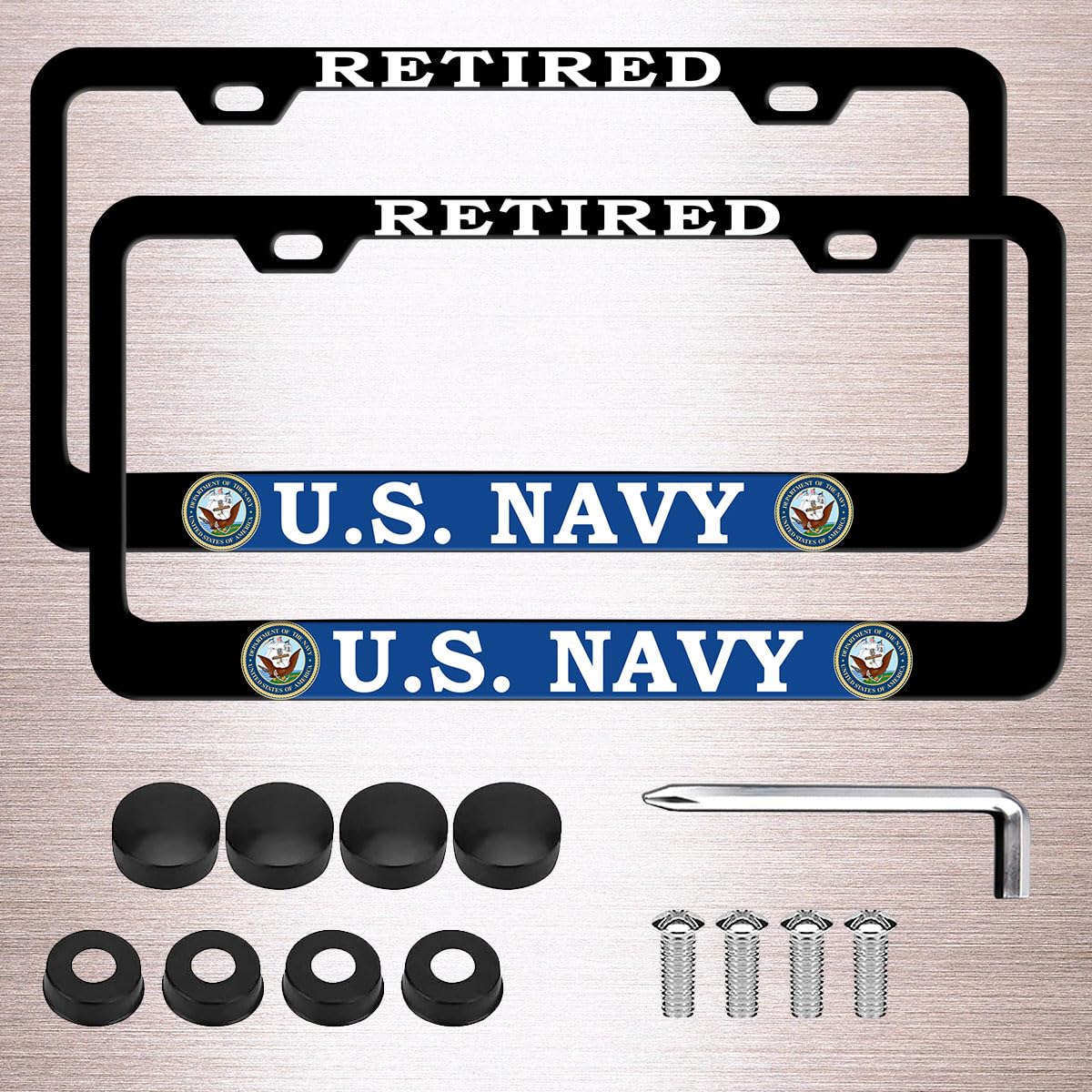 Nummernschildrahmen für USN, 2 Löcher, mattes Aluminium, schwarz, Veteranen-Nummernschild-Abdeckungen für USN, mit Schraubkappen, 2 Stück von HIBUFAN