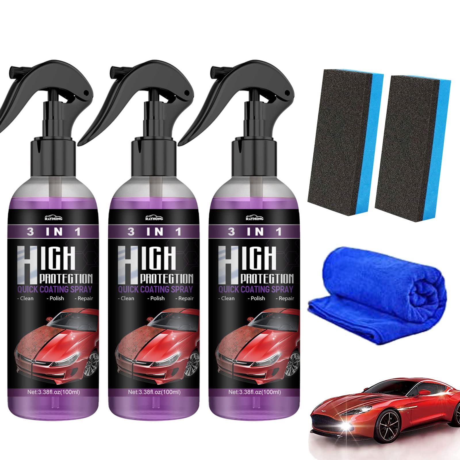 HIDRUO 3 In 1 High Protection Quick Car Coating Spray, Ceramic Car Coating Spray,Car Scratches Repair Nano Spray, Plastic Parts Refurbish Agent (100ML, 3PCS) von HIDRUO