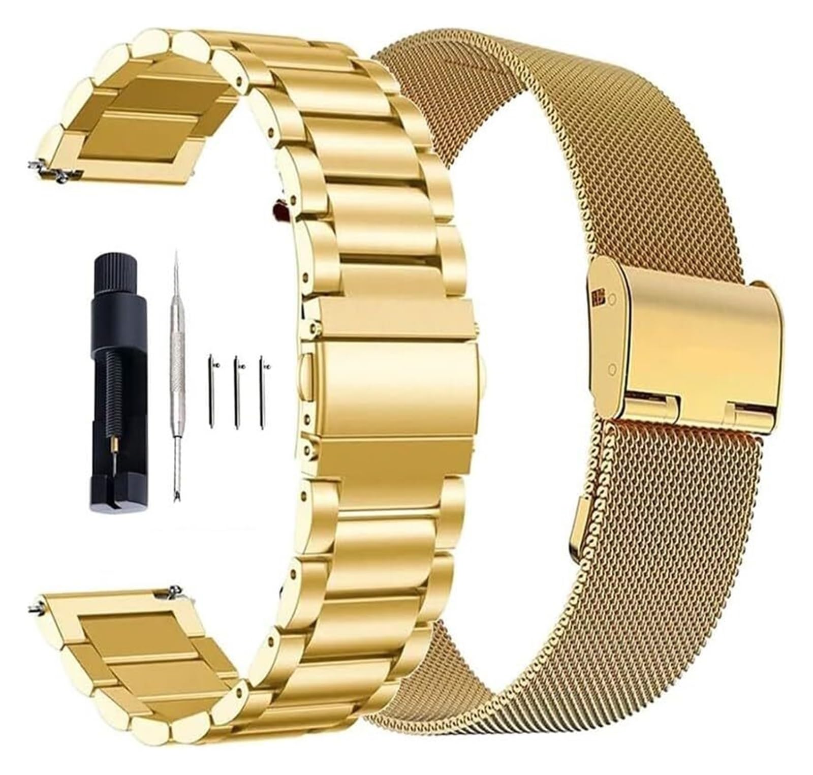 Edelstahl-Uhrband Uhrenarmbänder 14 16 18 20 22 24 mm Schnellverschluss aus Edelstahl und Milanaise-Uhrenarmband aus Metall, Faltbare Uhrenschnalle, universelles Uhrenzubehör(2pcsGold,18mm) von HIFRQVVC