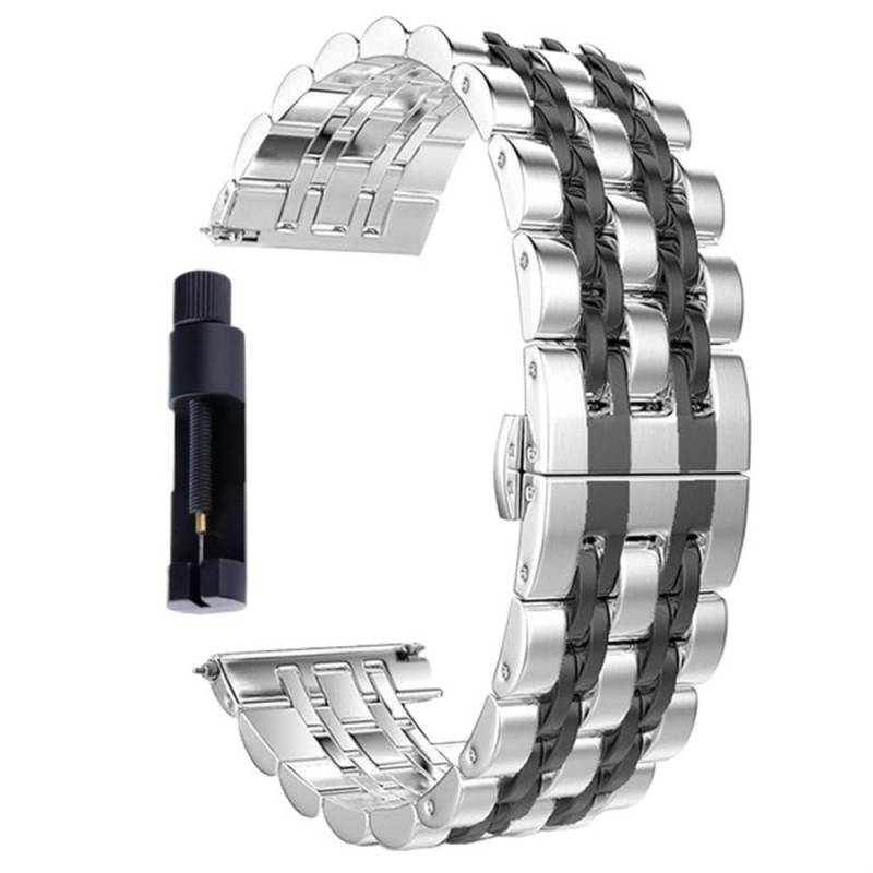 Edelstahl-Uhrband Uhrenarmbänder 20mm 22mm Schnellverschluss-Edelstahl-Uhrenarmband Double Press Butterfly-Schnalle Flachkopf-Universalarmband mit Werkzeug(Silver Black,20mm) von HIFRQVVC