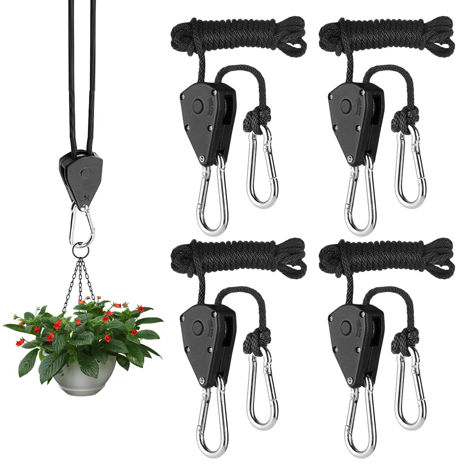 4 Stücke Verstellbare Seil Ratsche mit Haken, 1/8 Zoll Nylon Rope Ratchet Einstellbare Seil Ratsche für Pflanzenlampe, für Aufhängen von LED-Zuchtlampen, Aquarienlampen, Ventilatoren Zelten(Schwarz) von HIKPACKER