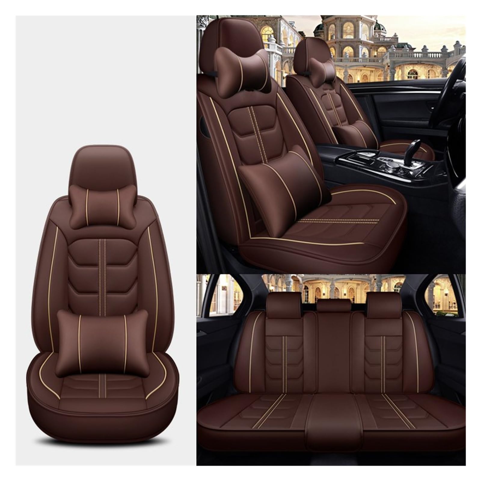 HILLAR Sitzbezüge Auto Für Civic Für Fit Für CRV Für XRV Für Accord Für Odyssey Für Jazz Für City Alle Modelle Leder Auto Sitzbezug Auto-Sitzbezüge(Coffee Pillow) von HILLAR