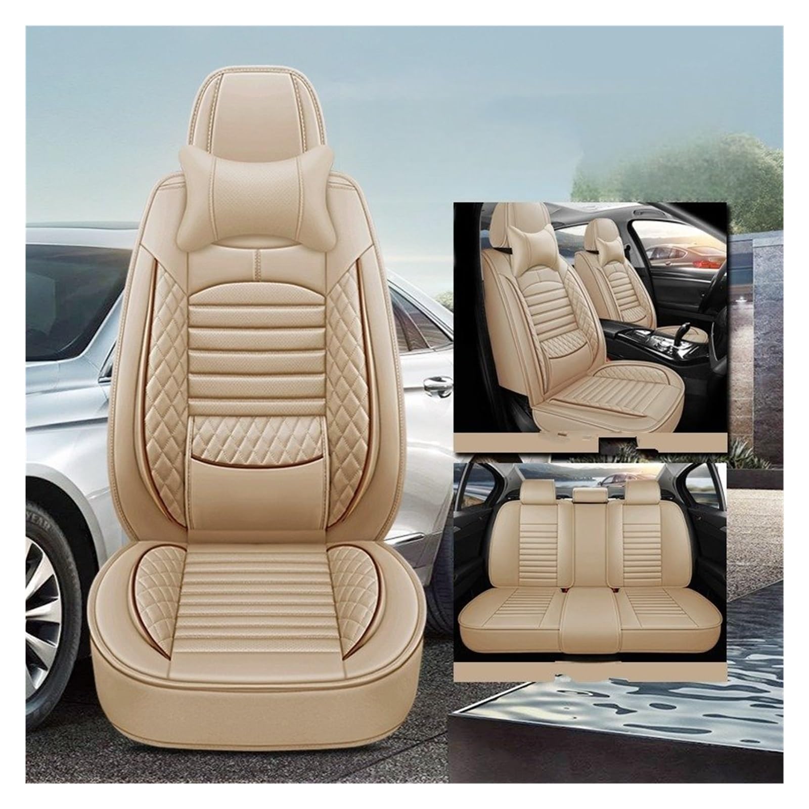 HILLAR Sitzbezüge Auto Für Ford Für Kuga Für Fiesta Mk7 Für Max Für Focus Mk1 2 Für Ranger Für Mondeo Mk4 Universal Auto Sitzbezug Auto-Sitzbezüge(with Pillow Beige) von HILLAR