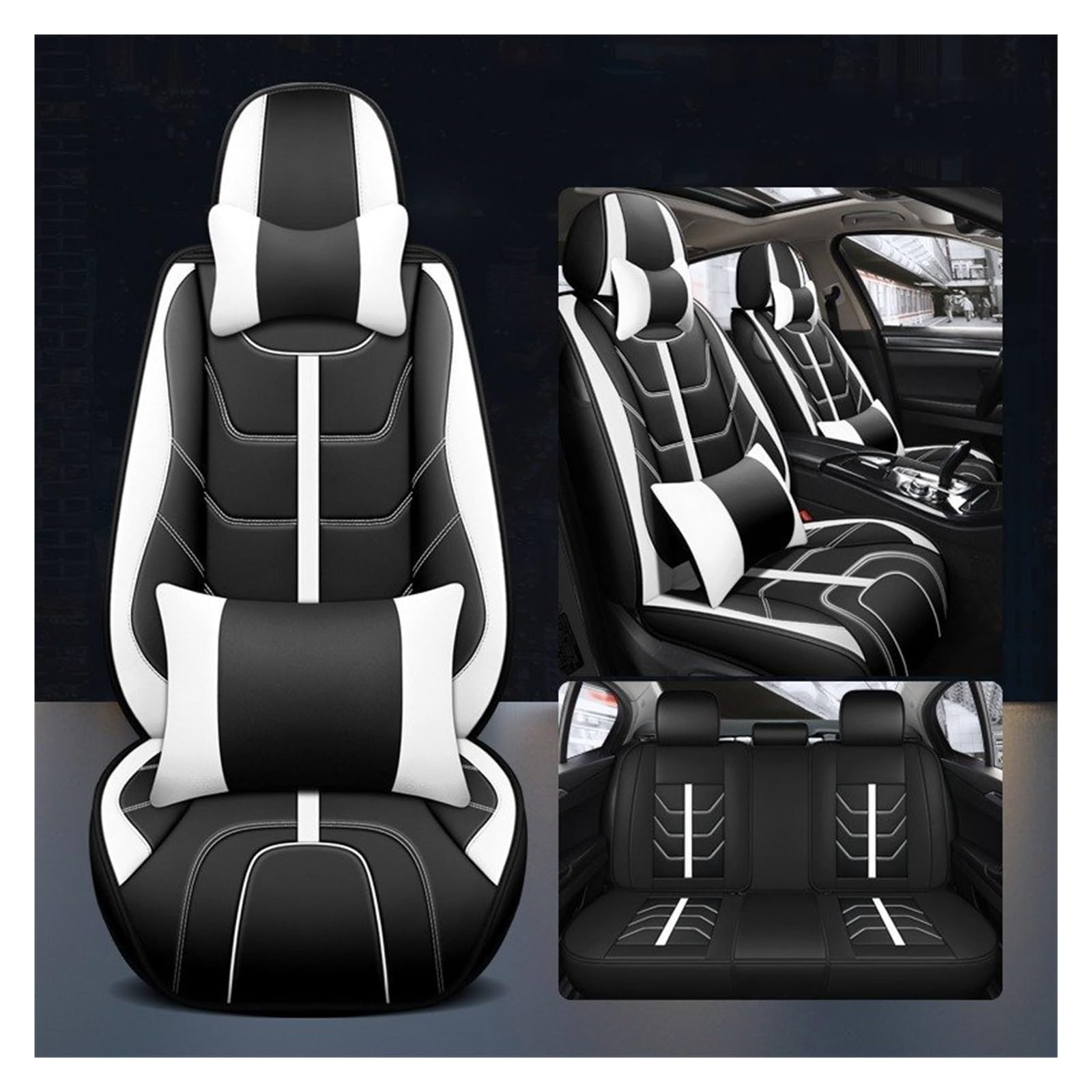 HILLAR Sitzbezüge Auto Für Mazda MX-5 CX-5 6 2 3 5 CX-3 CX-4 CX-5 CX-6 CX-7 CX-9 5 Sitze Auto Leder Sitzbezug Auto-Sitzbezüge(Black White Pillow) von HILLAR