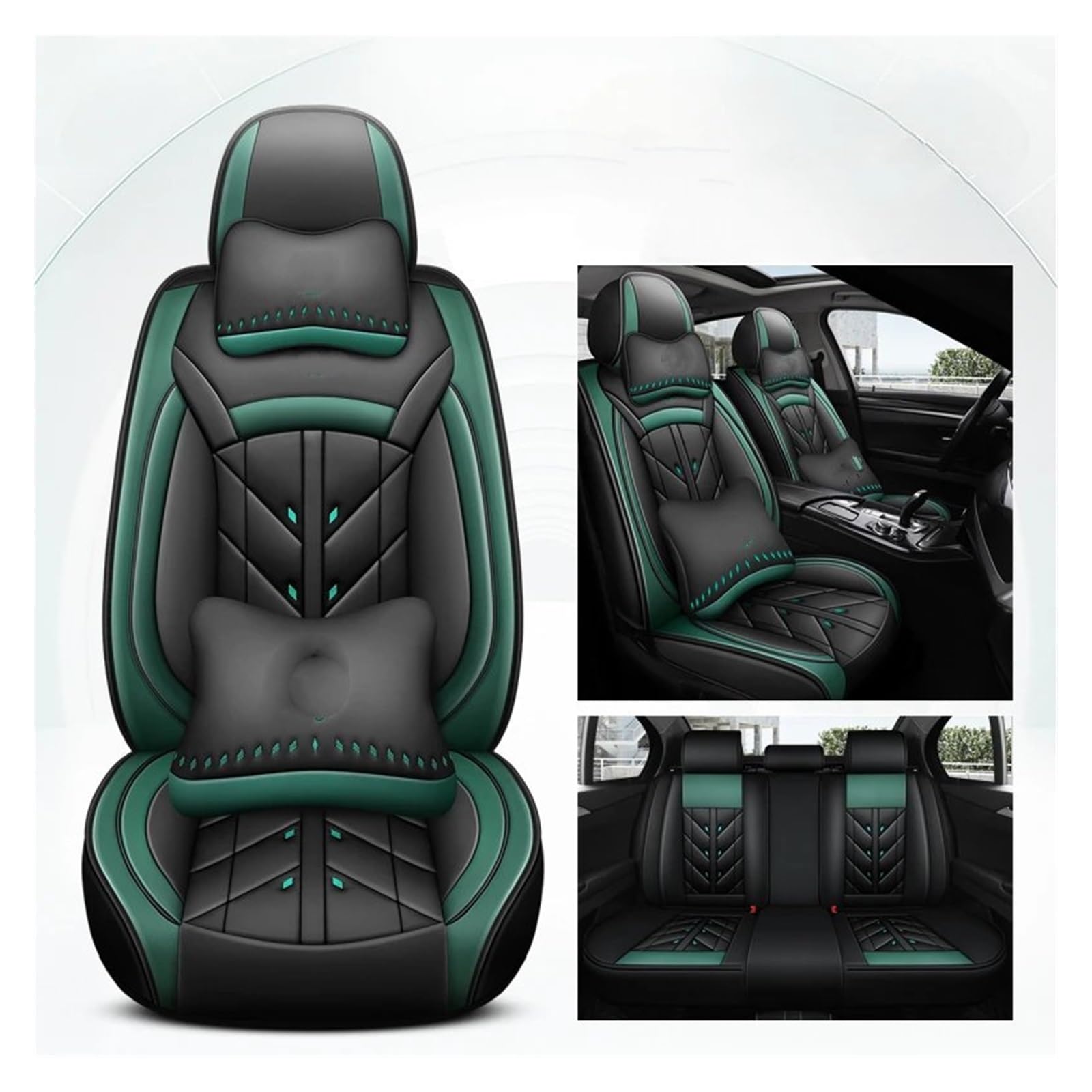 HILLAR Sitzbezüge Auto Für Opel Für Astra GH Für Antara Für Vectra BC Für Zafira AB Alle Modelle Universal Leder Auto Sitz Abdeckung Auto-Sitzbezüge(Black Green Pillow) von HILLAR