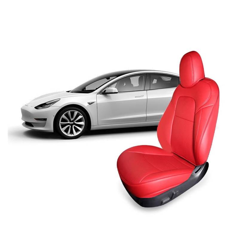 HILLAR Sitzbezüge Auto Für Tesla Für Modell Y 3 Custom Fit Auto Sitz Abdeckung Zubehör Voll Leder Für 5 Sitze Modell Auto-Sitzbezüge(Red) von HILLAR