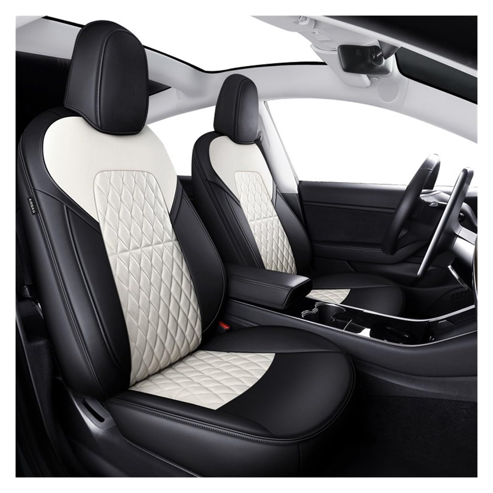 HILLAR Sitzbezüge Auto Für Tesla Für Modell Y 3 Custom Fit Auto Sitz Abdeckung Zubehör Voll Leder Für 5 Sitze Modell Auto-Sitzbezüge(White with Black) von HILLAR