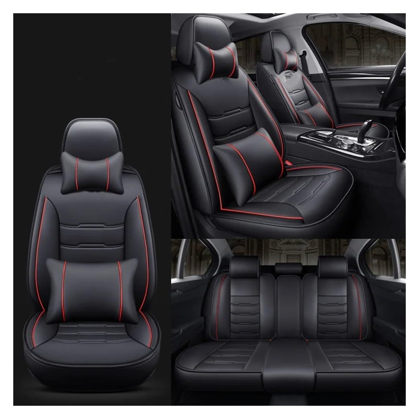 HILLAR Sitzbezüge Auto Für Volvo S60 V40 Xc70 V50 Xc60 V60 V70 S80 Xc90 V50 C30 S40 Alle Modelle Universal Leder Autositzbezug Auto-Sitzbezüge(Black red Pillow) von HILLAR