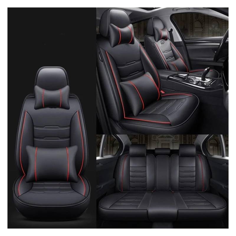 HILLAR Sitzbezüge Auto Für Volvo S60 V40 Xc70 V50 Xc60 V60 V70 S80 Xc90 V50 C30 S40 Alle Modelle Universal Leder Autositzbezug Auto-Sitzbezüge(Black red Pillow) von HILLAR