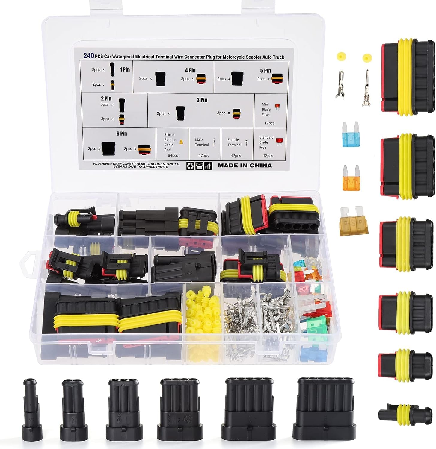 HIMOMO 240 Stück Wasserdicht Schnellverbinder, Wasserdichte KFZ Kabel Steckverbinder,1/2/3/4/5/6 Stift, Elektrische Steckverbinder, Kabel Steckverbinder Stecker für Motorrad Auto Boots von HIMOMO