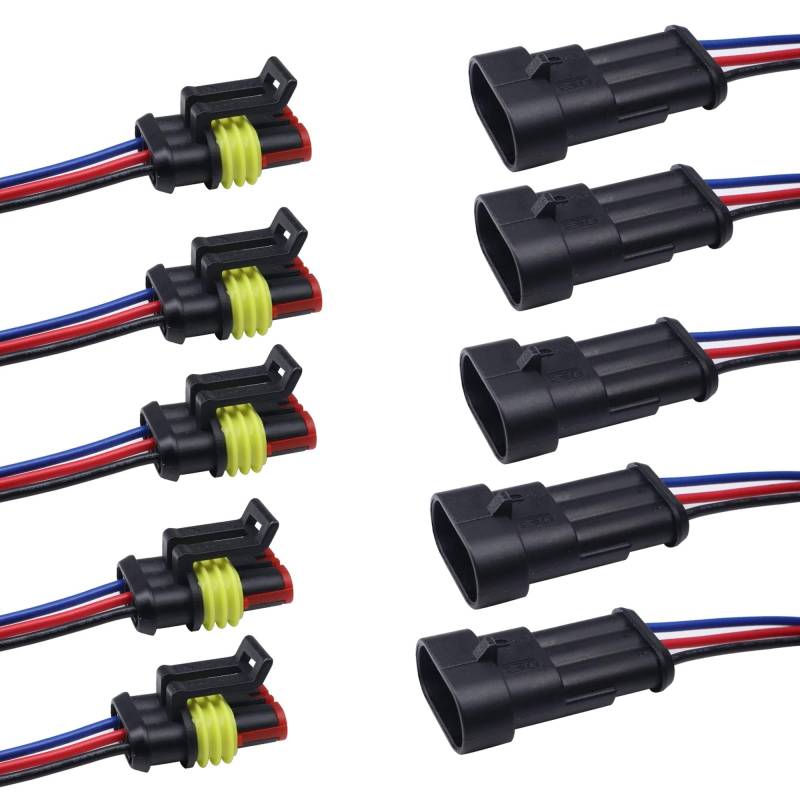 HISports 5 Stück 3 Pin Way Auto wasserdichte Elektrische Stecker, mit 7,8-Zoll-Kabel für Auto KFZ LKW Motorrad Quads Fahrräder und Dreiräder，3 Poliger Kabel Steckverbinder Stecker von HISports