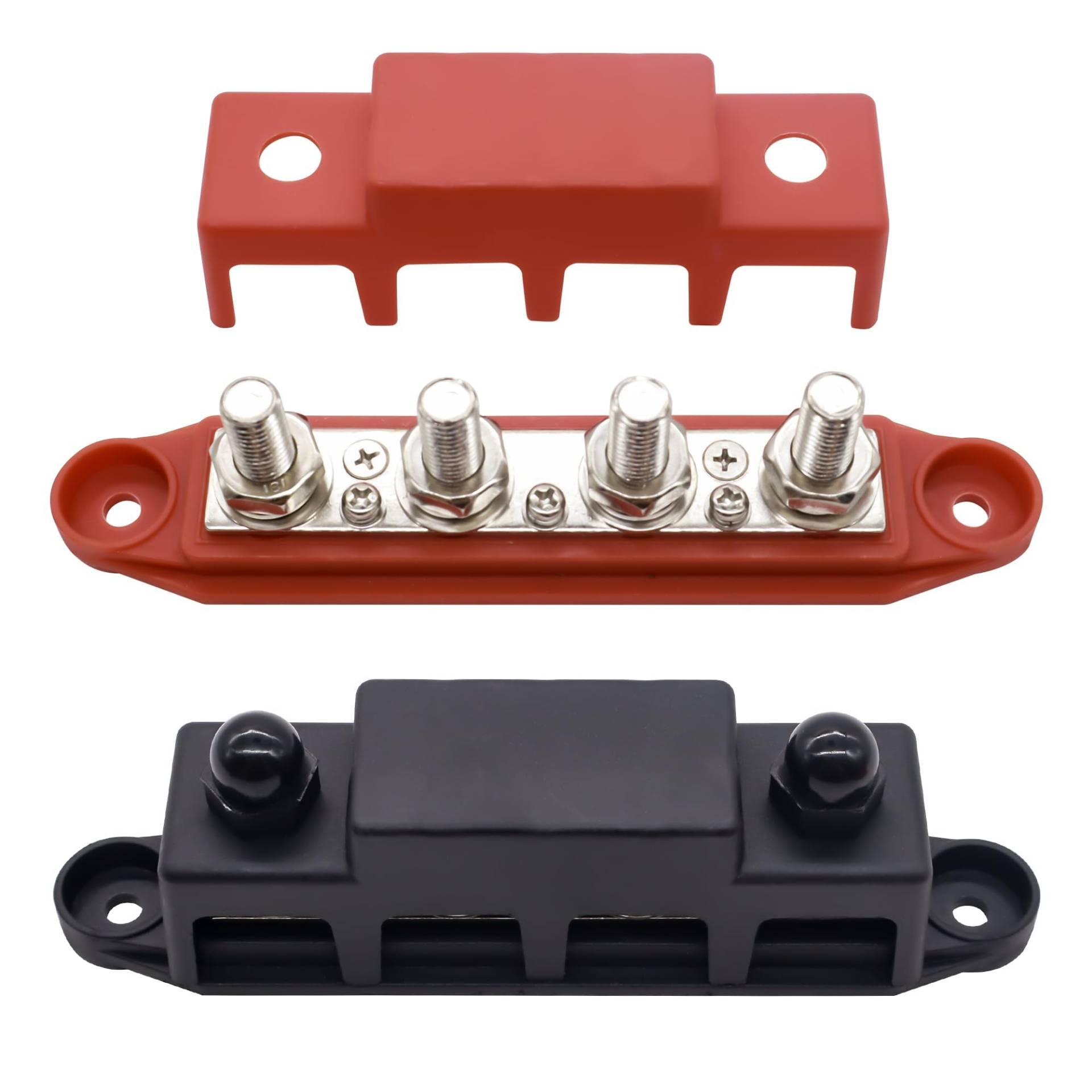 HISports Sammelschienen Verteilerblock 250A BusBar Box mit 4 x M10 Klemmenbolzen Hochleistungsmodul 12V-48V Stromverteilungsblock Erdungsstrom DC 3/8" für Auto RV Boat Yacht (Rot Schwarz, 2PCS) von HISports