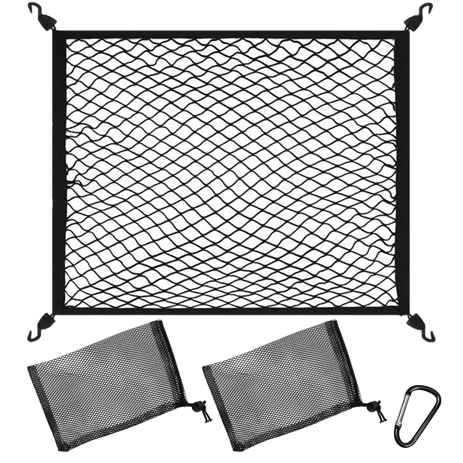 Nylon Schwarz Auto Kofferraumnetz, Kofferraum Gepäcknetz mit 2 Haken Schnallen, LKW-Ladefläche Cargo Mesh Organizer, 2 Beutel mit Kordelzug Netzbeutel, Aufbewahrung Netz Auto für Täglichen Gebrauch von HJJMN