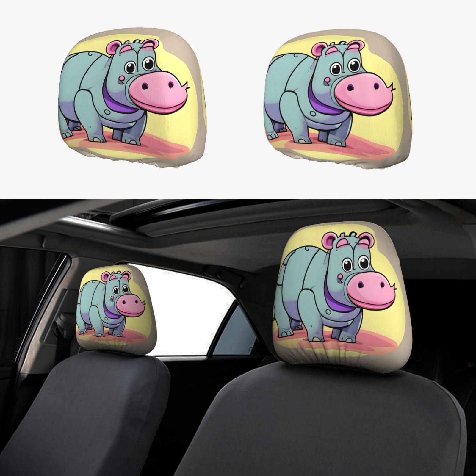 HJLUUFT Cartoon Hippo Autositz-Kopfstützenbezüge, 2 Stück, atmungsaktiv und elastisch, Auto-Sitzbezug Zubehör von HJLUUFT