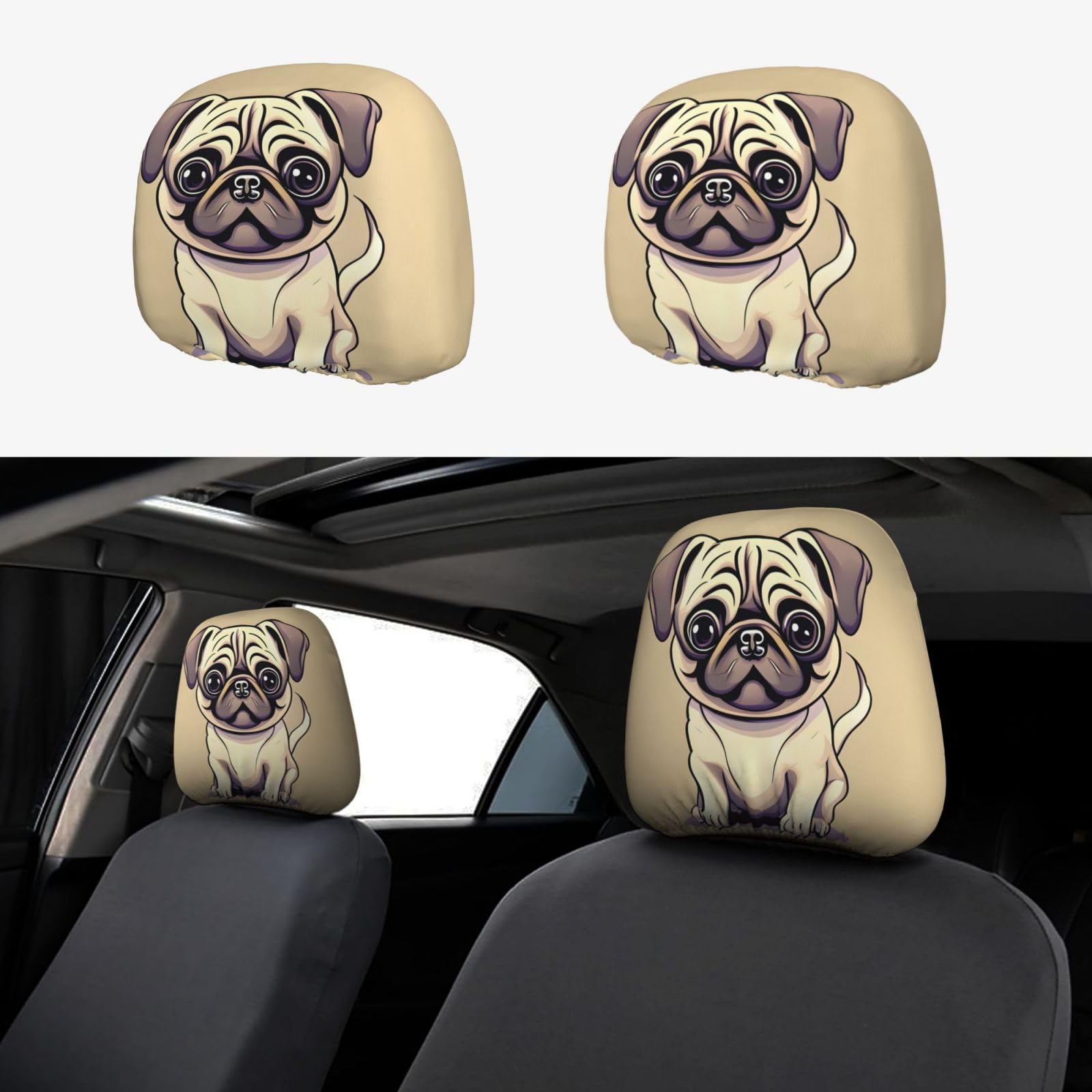 HJLUUFT Funny Cartoon Mops Puppy Dogs Autositzbezüge für Autositz, 2 Stück, atmungsaktiv und elastisch, Auto-Sitzbezug Zubehör von HJLUUFT