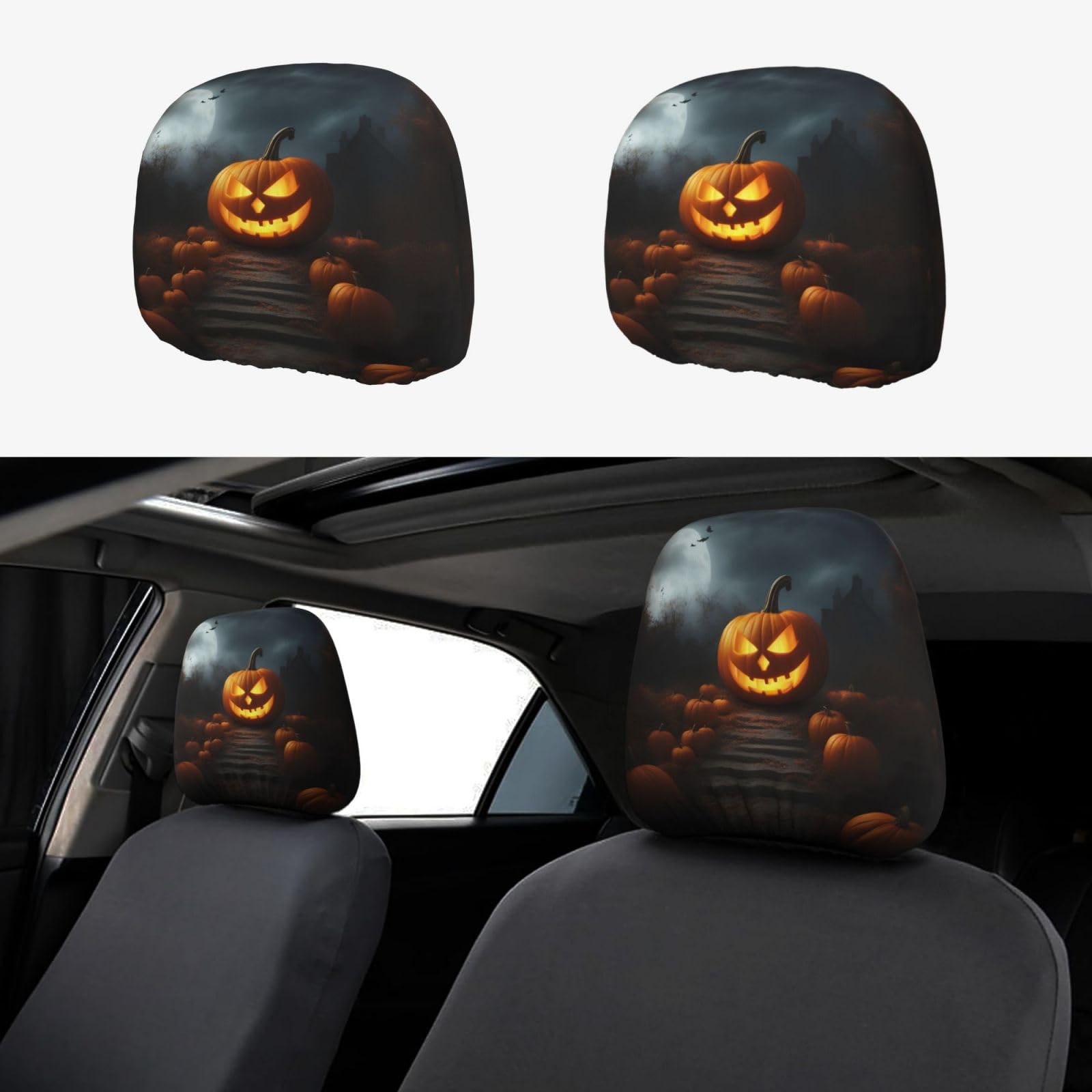 HJLUUFT Halloween Kürbis Autositz-Kopfstützenbezüge, 2 Stück, atmungsaktiv und elastisch, Auto-Sitzbezug Zubehör von HJLUUFT