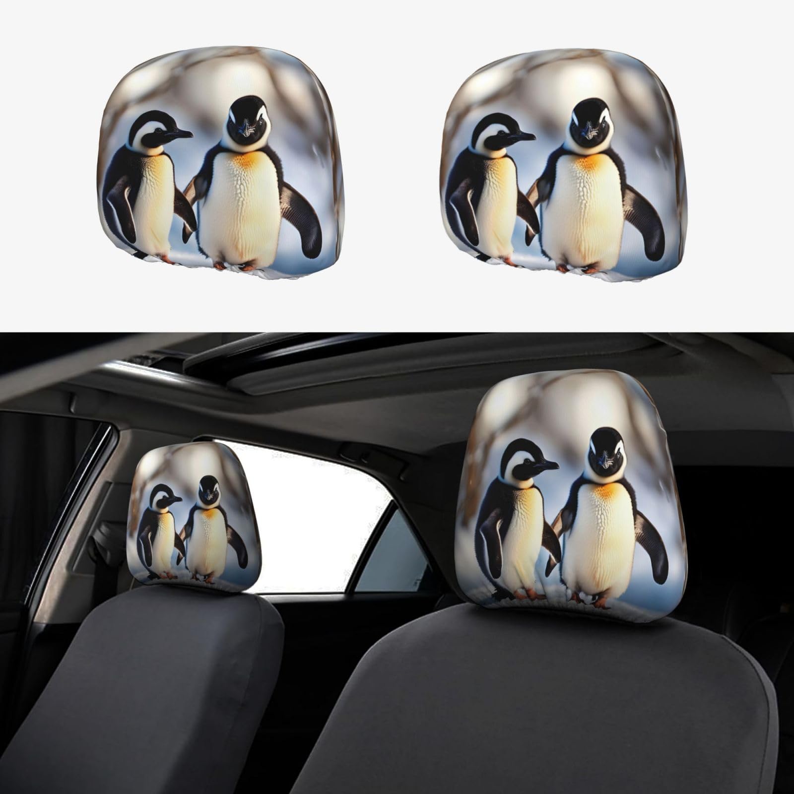 HJLUUFT Junge Pinguine mit Schnee Kopfstützen Bezüge für Auto 2er Set, Atmungsaktives Elastisches Gewebe und Staubdichter Schutz Autozubehör von HJLUUFT