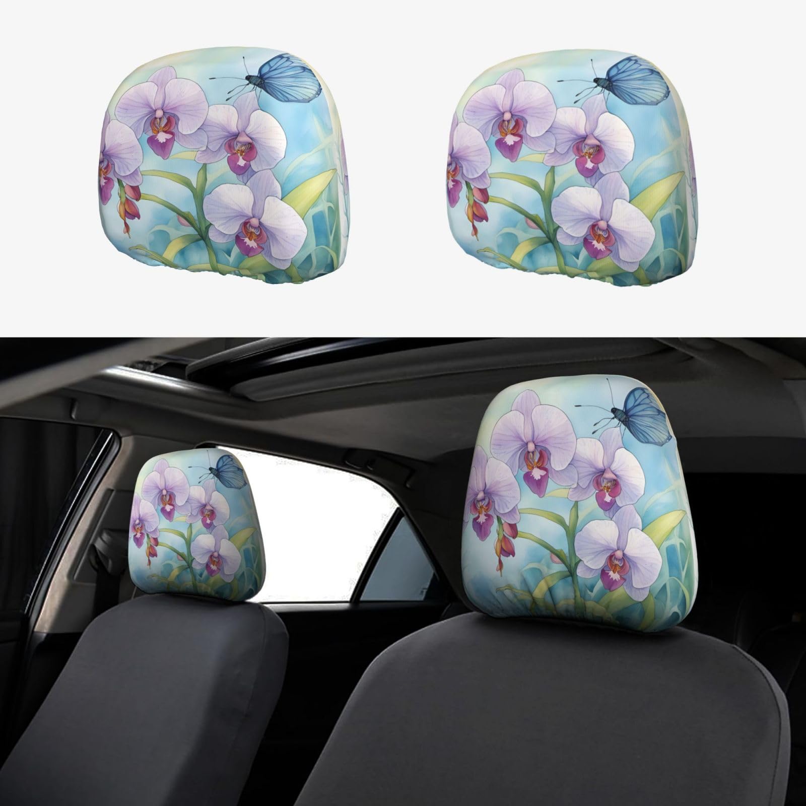 HJLUUFT Orchid Butterfly Spring Autositz-Kopfstützenbezüge, 2 Stück, atmungsaktiv und elastisch, Auto-Sitzbezug Zubehör von HJLUUFT