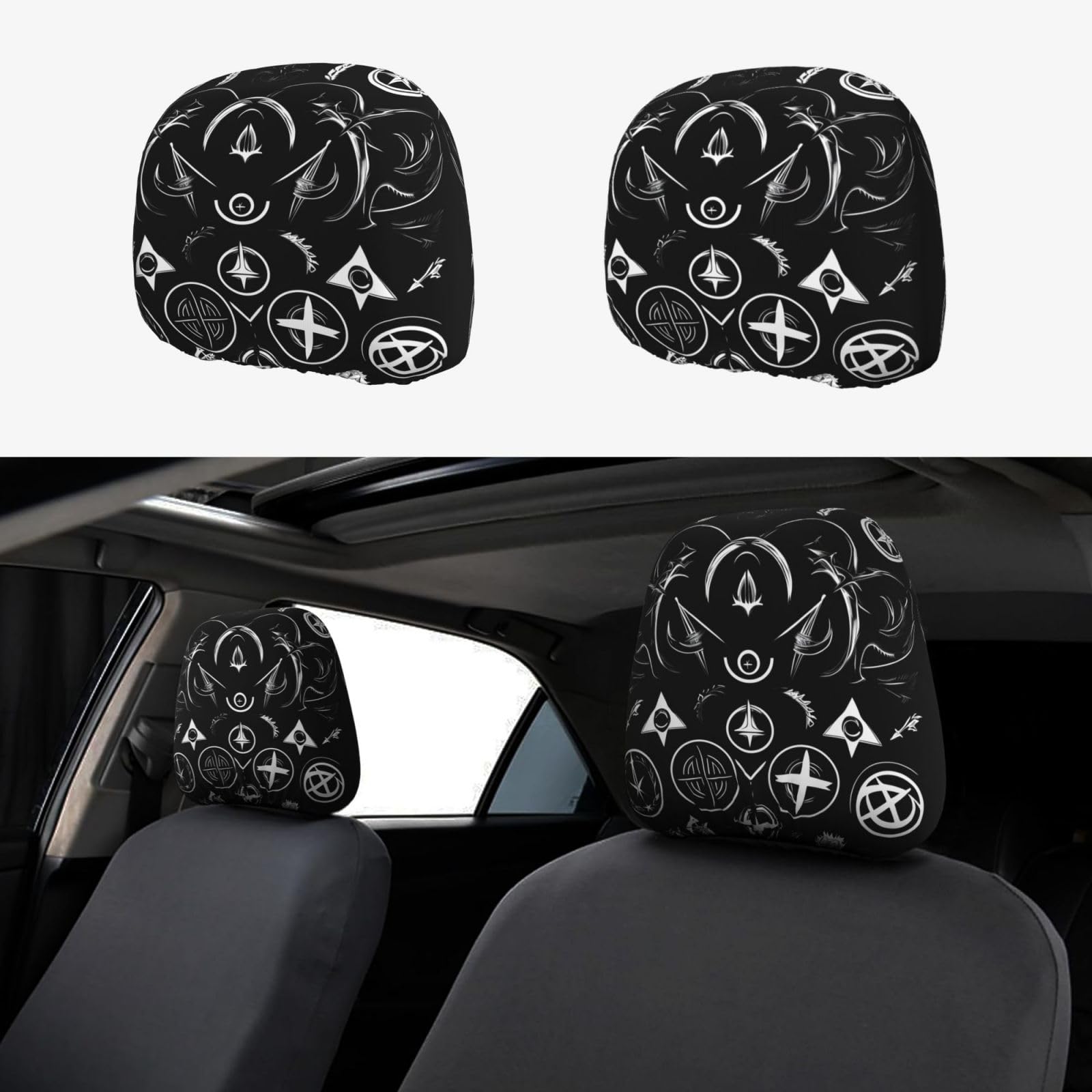 HJLUUFT Supernatural Symbole Schwarz Auto Kopfstützenbezüge 2er Set Polyester Stoff Einfache Installation Ganzjahresschutz Autozubehör von HJLUUFT