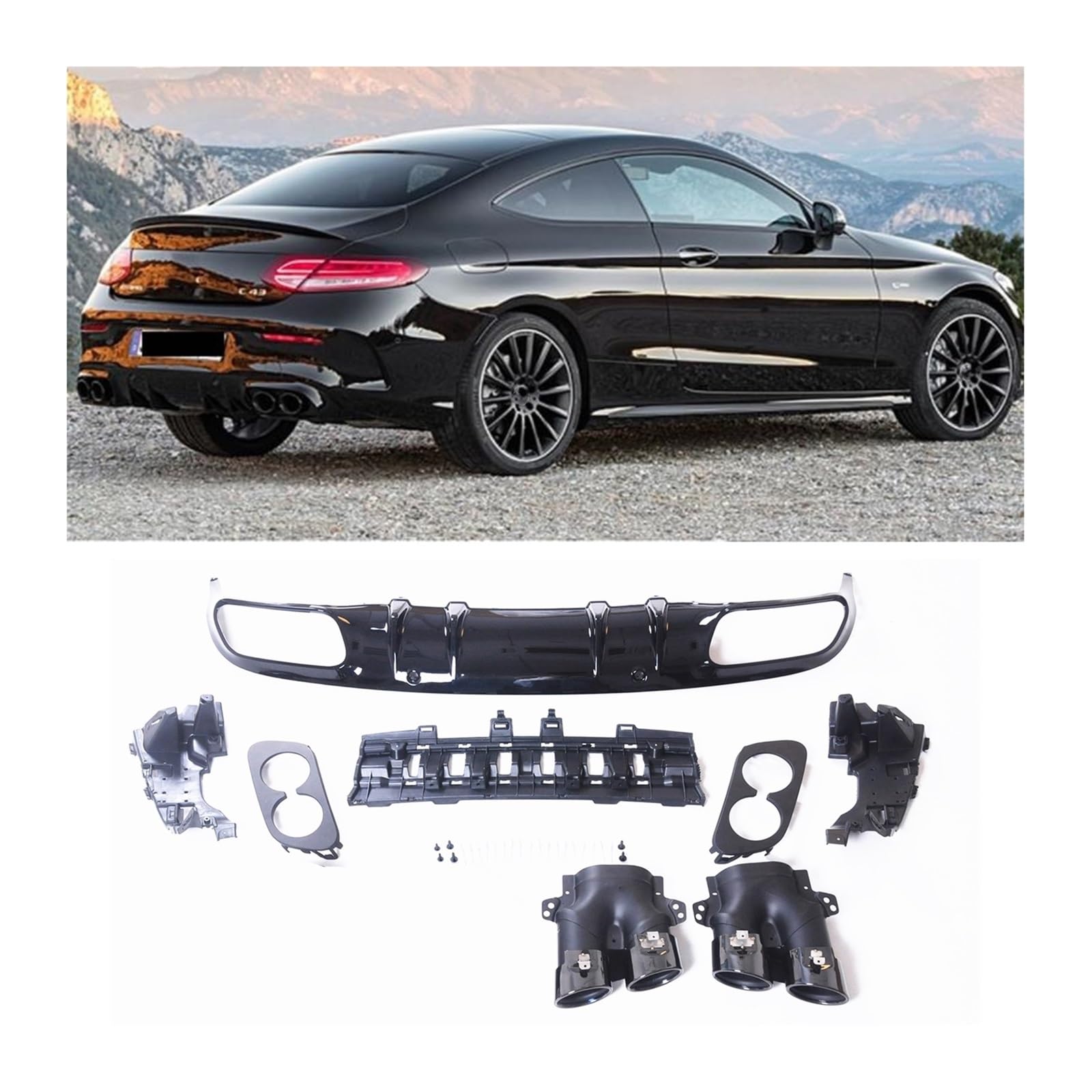 Auto-Heckstoßstangen-Diffusor-Spoilerlippe und Auspuff-Schalldämpferspitze, kompatibel for Mercedes B/Enz C-Klasse W205 A/MG Coupe 2015–2021 C43 von HJPILISS