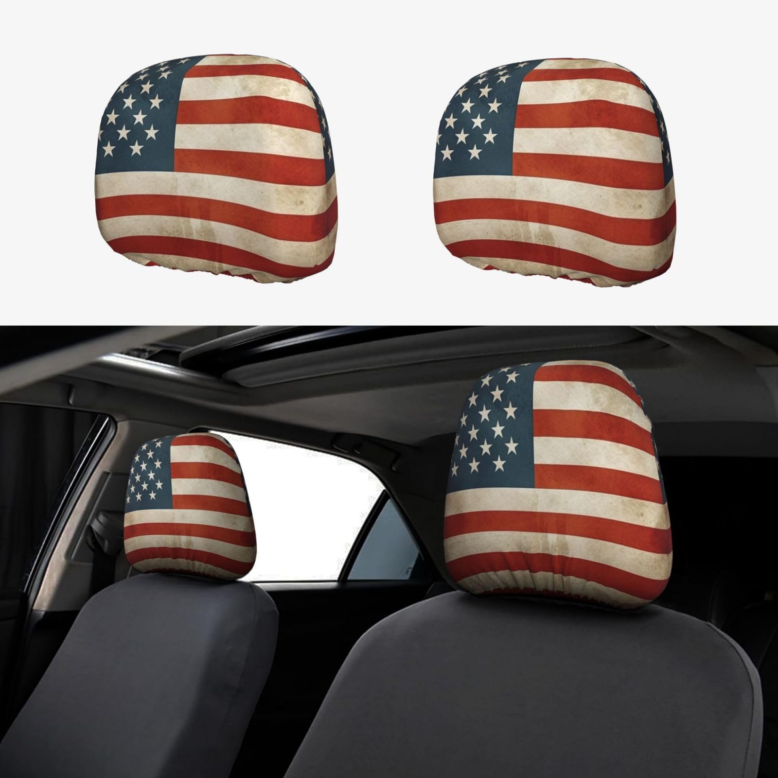 Autositz-Kopfstützenbezug im Vintage-Stil, amerikanische USA-Flagge, dehnbar, atmungsaktiv, universelle Kopfstützenbezüge für Autos, lustiger SUV-Sitz, Kopfstützenschutz, passend für die meisten von HJRT