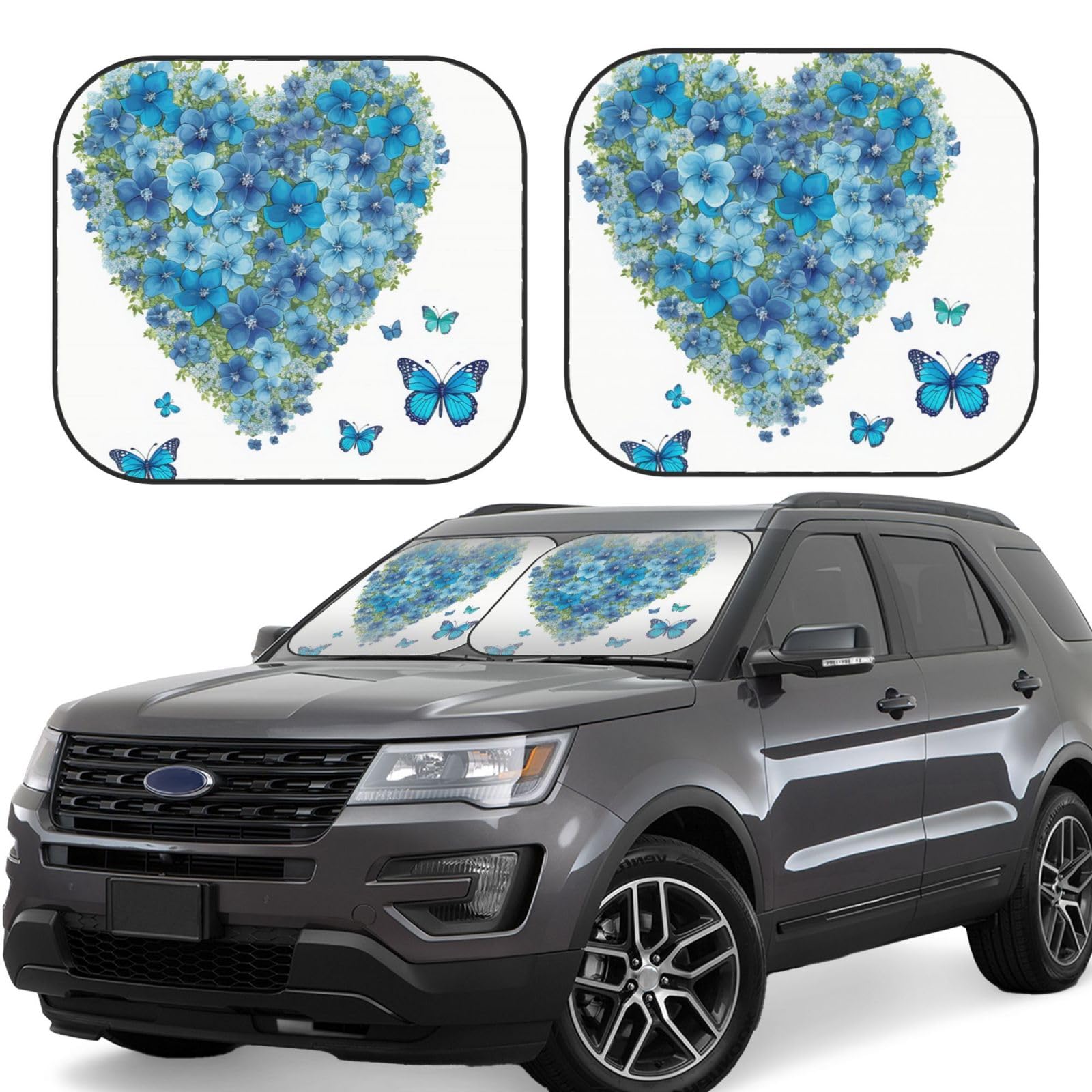 Windschutzscheiben-Sonnenschutz, 2 Stück, Auto-Sonnenschutz, faltbar, für die Frontscheibe, blaue Blumen mit Liebe, Herzform, SUV, Windschutzscheibenabdeckung, Sonnenblende, Matte hält Ihr Fahrzeug von HJTRW