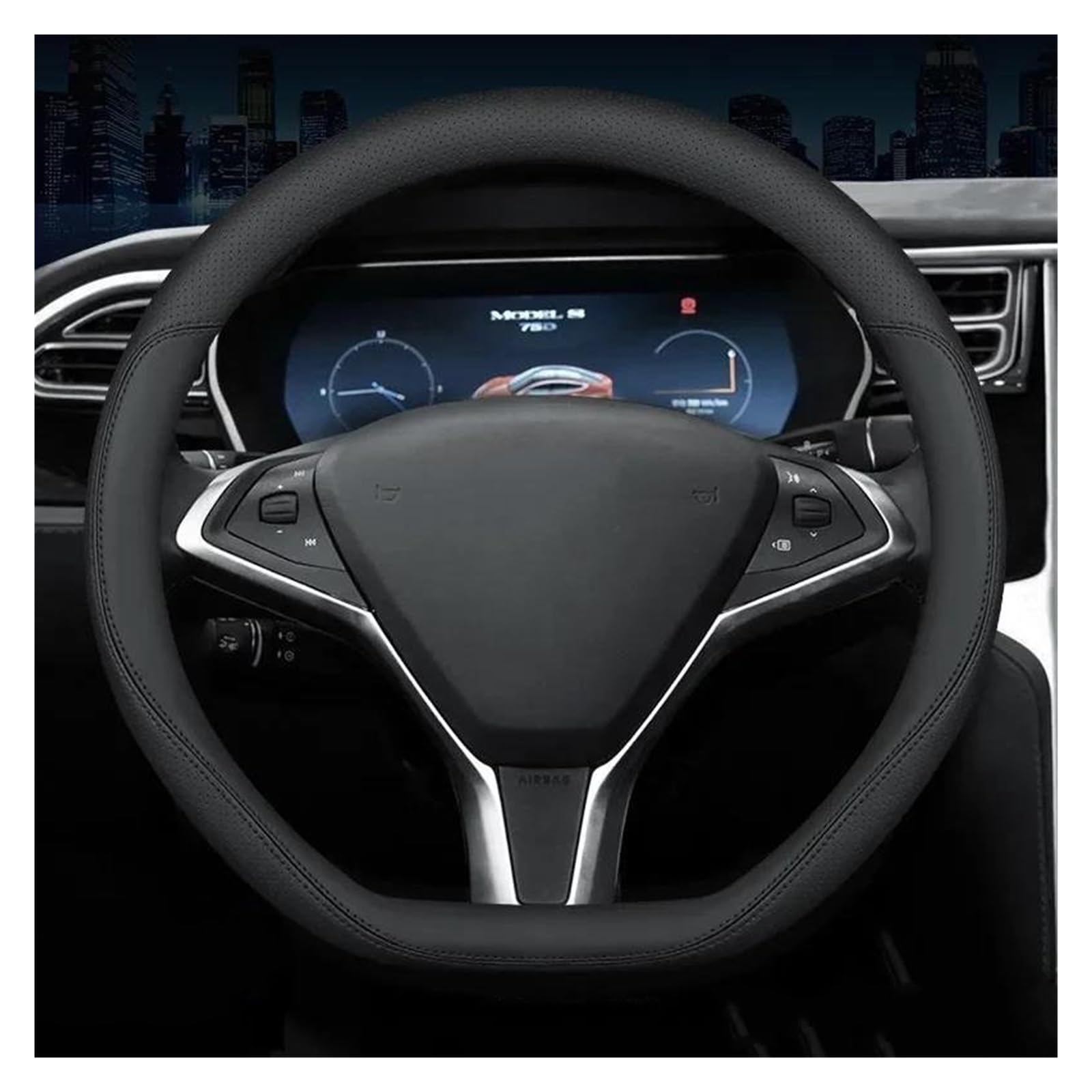 Auto Lenkrad Abdeckung Schwarzes Auto-Innenzubehör Für Tesla Für Modell Für 3 Für Y Für S Für X 2019-2023 Leder-Lenkradbezug 4 Jahreszeiten 36-38 cm Lenkradhülle(38 D Black WH) von HLJNLVBN