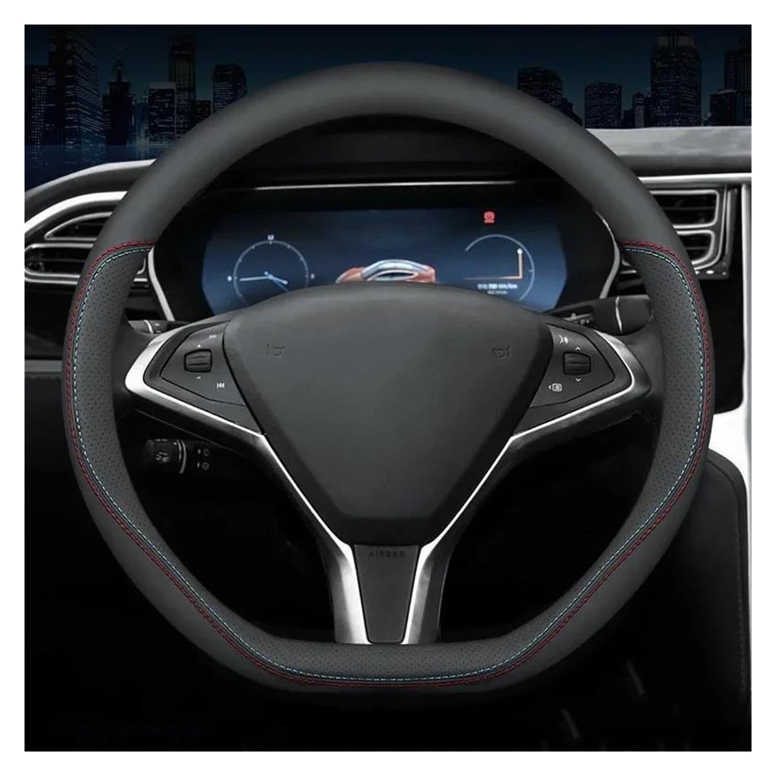 Auto Lenkrad Abdeckung Schwarzes Auto-Innenzubehör Für Tesla Für Modell Für 3 Für Y Für S Für X 2019-2023 Leder-Lenkradbezug 4 Jahreszeiten 36-38 cm Lenkradhülle(38 D NM WH4) von HLJNLVBN